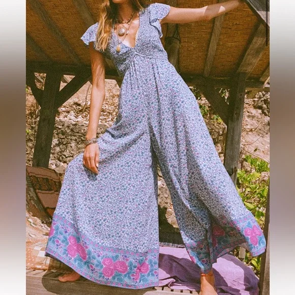 Spell Love Jetty Shirred Jumpsuit in Blue Nirvana - Picture 1 of 10